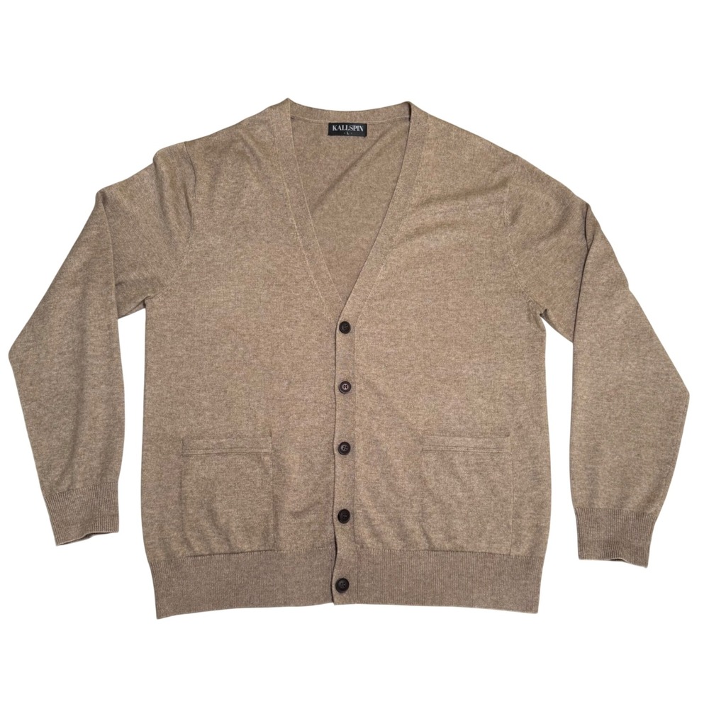 Kallspin Men Cashmere Wool Blend V-Neck Cardigan Sweater Oatmeal L Cozy Academia
